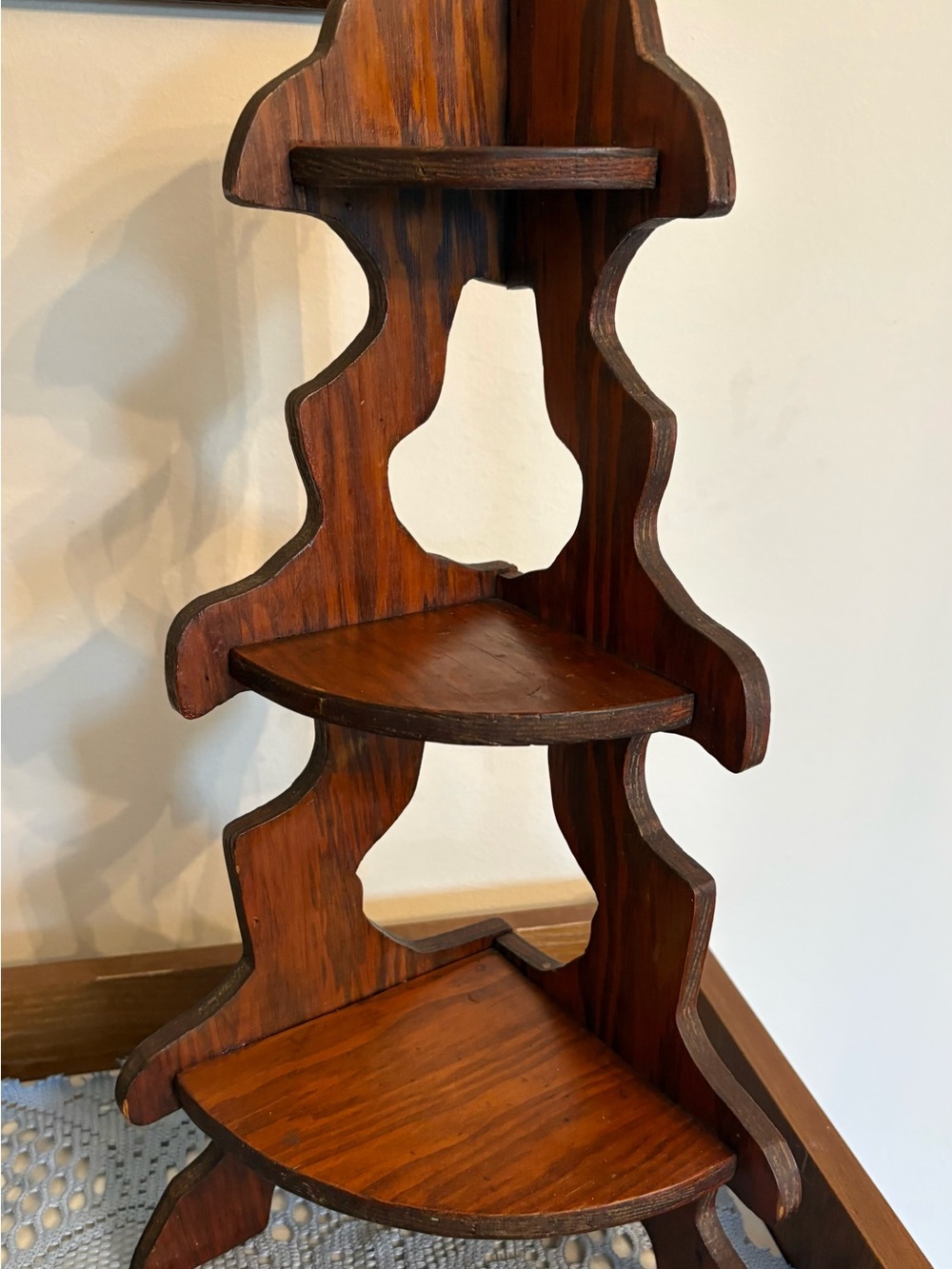 Vintage 1970’s Wooden Corner DisplayTrinket Shelf with 3 Tiered Design.